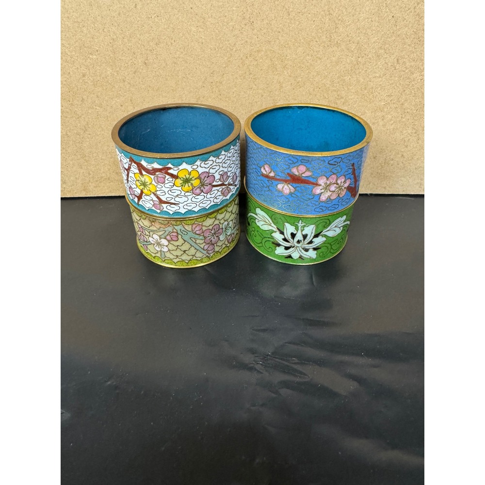 Vintage Cloisonne Napkin Rings Set 4 Floral Enamel Brass Multicolor Asian